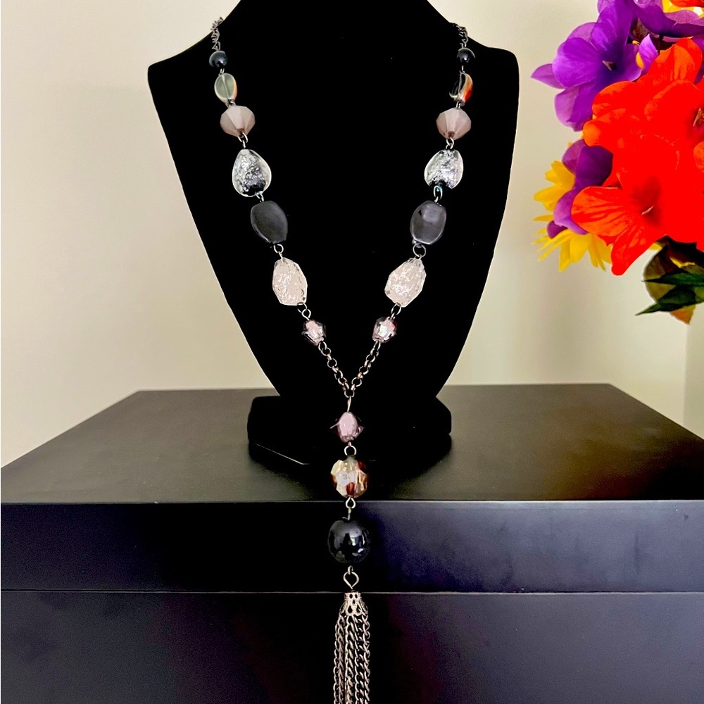 Elegant Black, Silver and Gunmetal Beaded Tassel Necklace - Picture 2 of 5